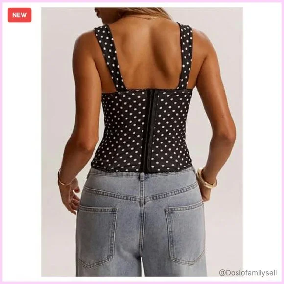 Y2K Corset Bustier Crop Top Sleeveless Polka Dots Sweetheart Neck